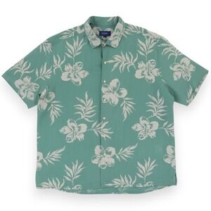 Eton Shirt Mens 2XL Green Floral Linen Short Sleeve Hawaiian Aloha Button Up